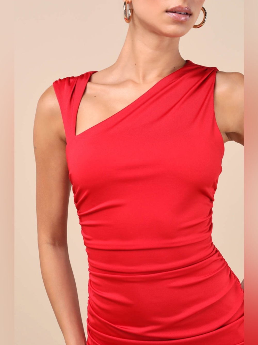 Lulu's Red One-Shoulder Ruched Maxi Dress - Picture 6 of 11